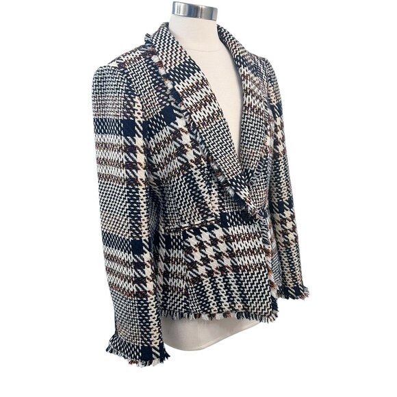ANN TAYLOR Houndstooth Tweed Fringe Blazer Size 12 - Picture 2 of 14